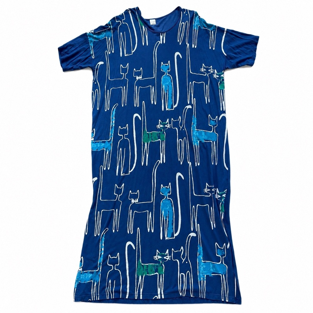 Nanso Finland Blue Cat Print Maxi Nightdress Lounge‎ Dress Cotton Modal Large